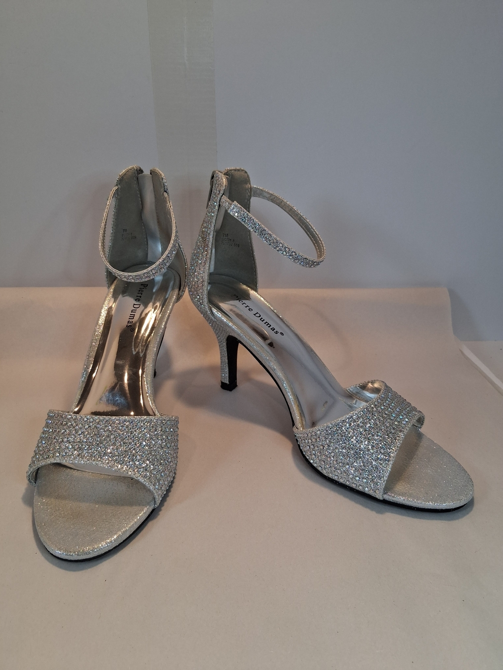 Pierre Dumas Silver Glitter Ankle-Strap Heels